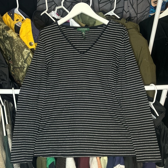 Ralph Lauren Tops - Vintage Ralph Lauren V-neck Black/Silver Striped Shirt Large